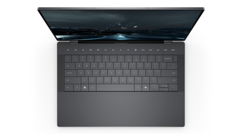 A Dell XPS 14 laptop, seen from above, on a white background.