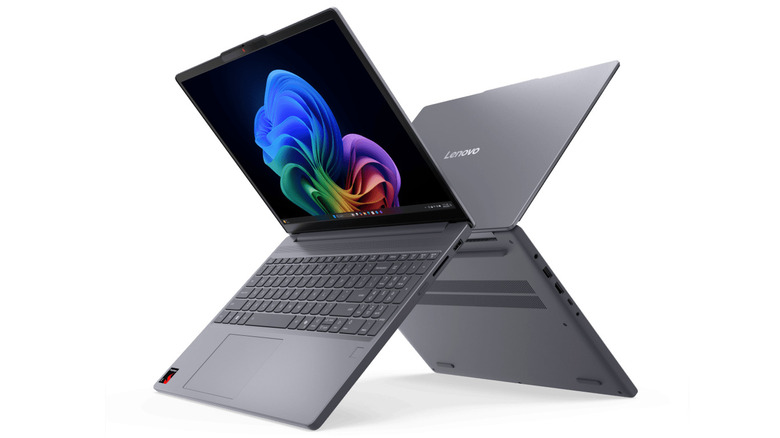 Two Lenovo IdeaPad Slim 3x laptops are open and floating at an angle, facing away from each other.
