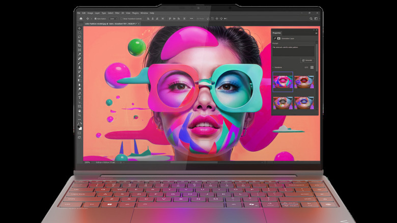 A close up view of a Lenovo Yoga 9i 2-in-1 Aura Edition laptop, a colorful graphic of a woman is on-screen.