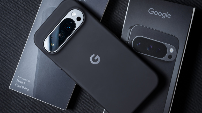 Pixel 9 Pro in a black protective case.