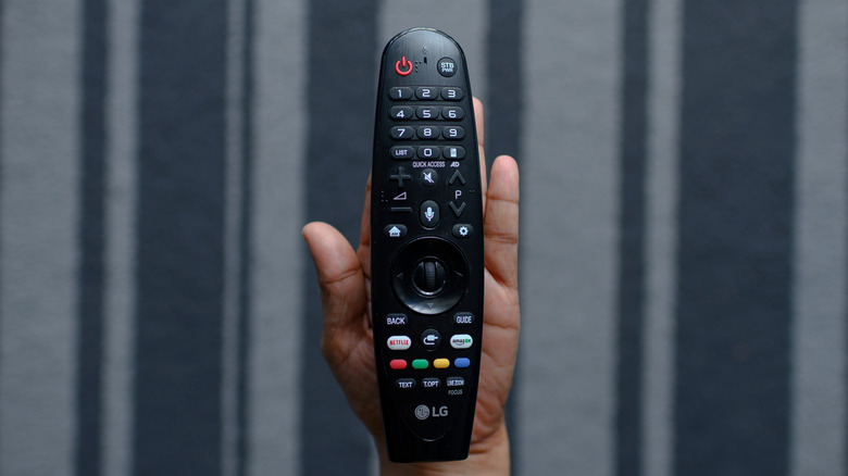 A person holding up an LG TV Magic Remote.