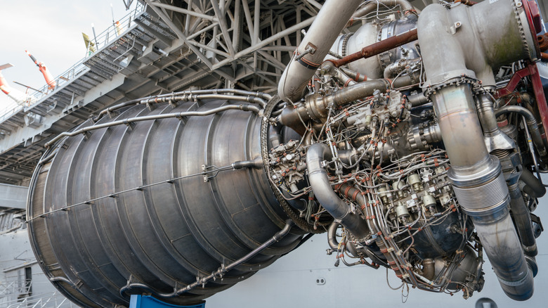 An RS-25 liquid fueled engine used on NASA's SLS rocket