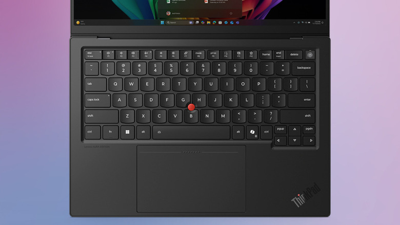 The keyboard and trackpad of Lenovo ThinkPad X1 Carbon laptop.
