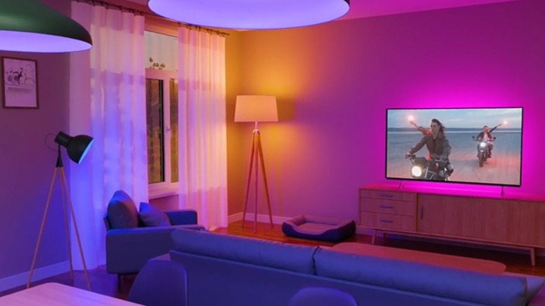 Television room illuminated by Roku smart light strip SE