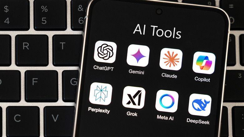 A smartphone displaying a variety of artificial intelligence apps, including ChatGPT, Gemini, Claude, and Copilot