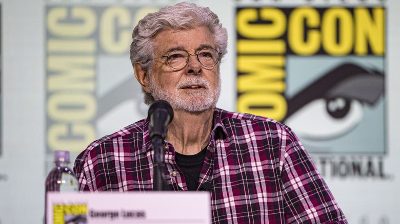 George Lucas on stage dural a panel at Comic-Con International in San Diego in 2025
