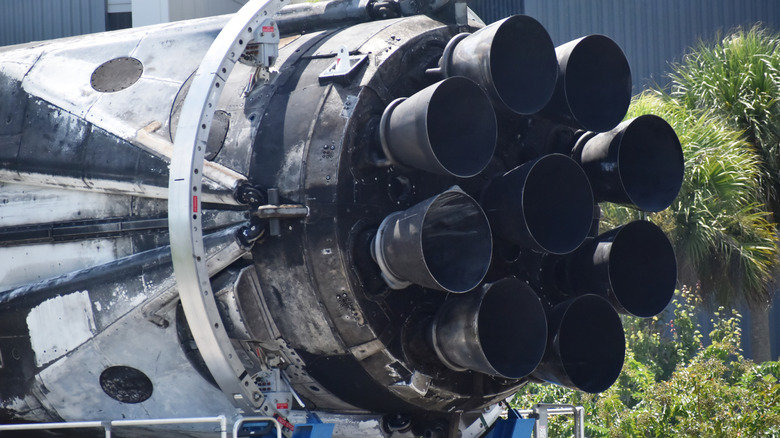 Close-up of the nine Merlin engines on a recovered SpaceX Falcon 9 first stage booster