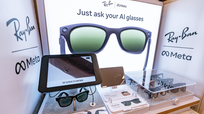 A promotional retail display for Meta Ray-Ban smart glasses