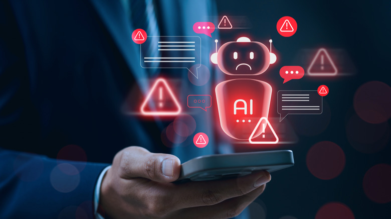 man holding phone with floating icons for sad AI in red above it