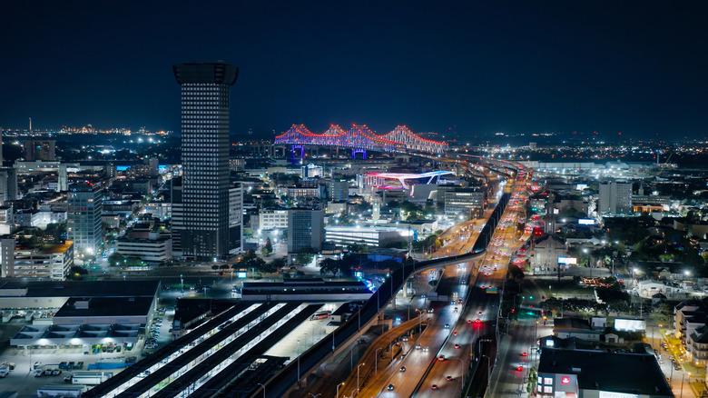 Downtown New Orleans at night.