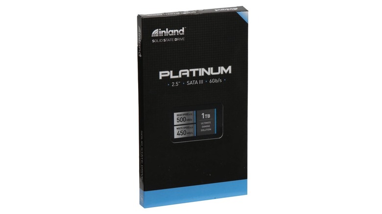 A promotional photo of the Inland Platinum 1TB Internal Solid State Drive, the item is in its package against a white backdrop