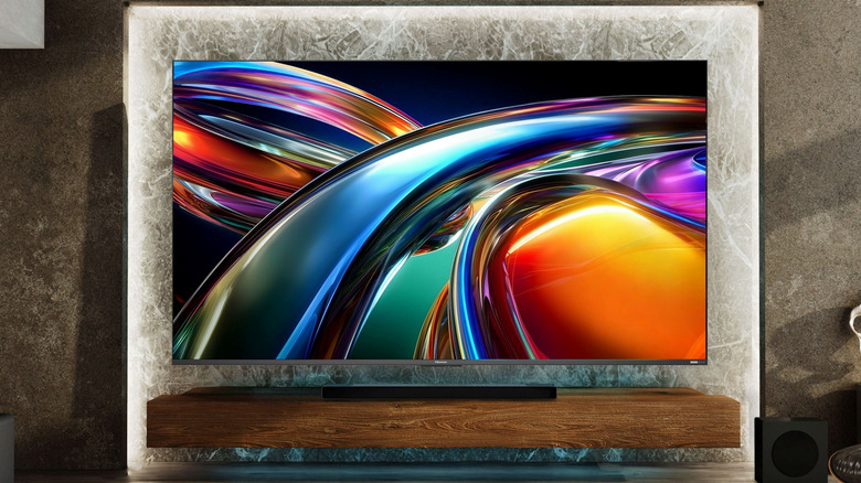 Hisense's RGB Mini-LED TV mounted to a wall TV unit