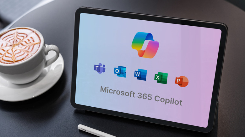 Microsoft copilot logo with office 365 logos on a tablet