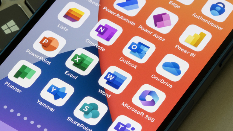 A mobile phone shows a page of Microsoft 365 mobile applications, including Microsoft Lists