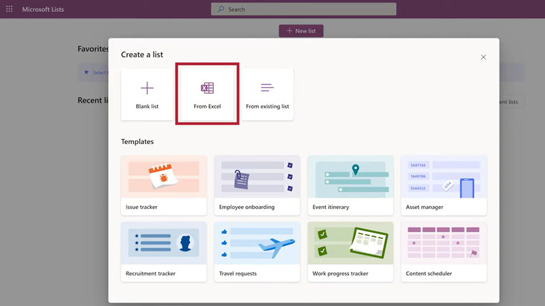 A user creates a new task on their Microsoft Teams page. The task includes templates like issue tracker, asset manager, and travel requests.