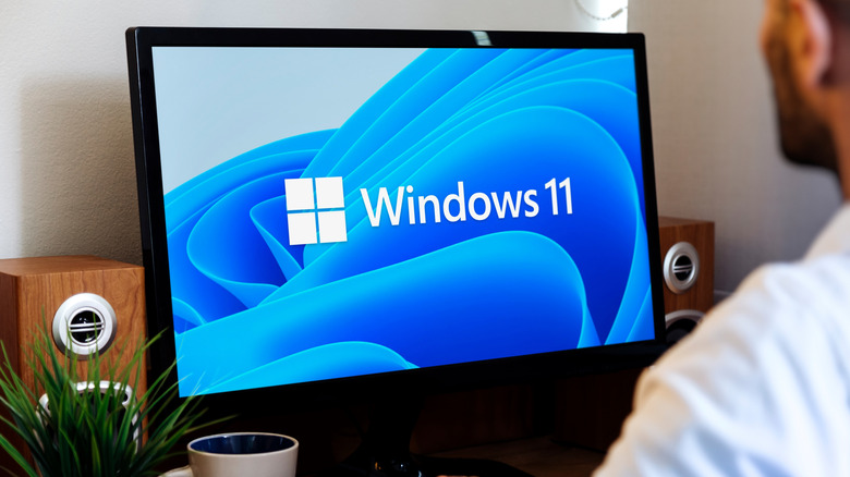 Windows 11 logo on a desktop monitor