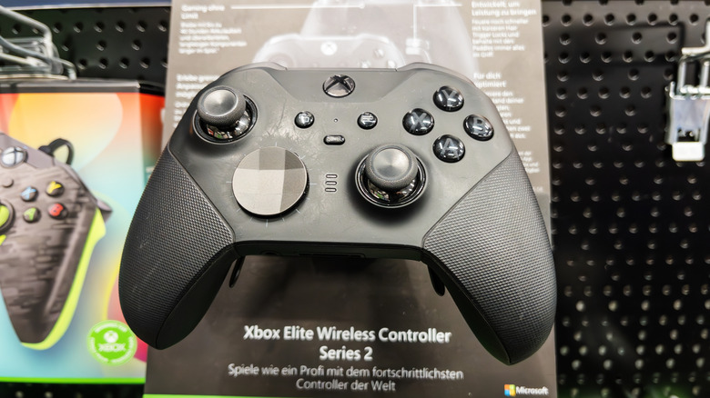 An Xbox Elite Wireless Controller Series 2 controller on display in a retail store