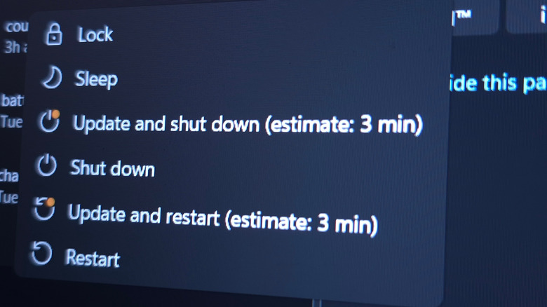 Close-up image of power button options for Microsoft Windows 11
