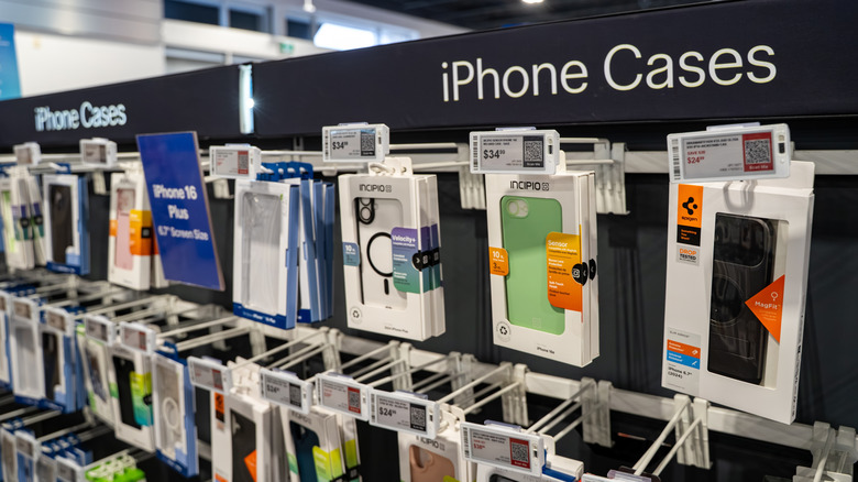 display of smartphone cases in an electronic store