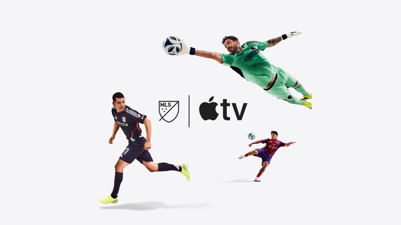 MLS players with MLS and Apple TV logo in the backdrop