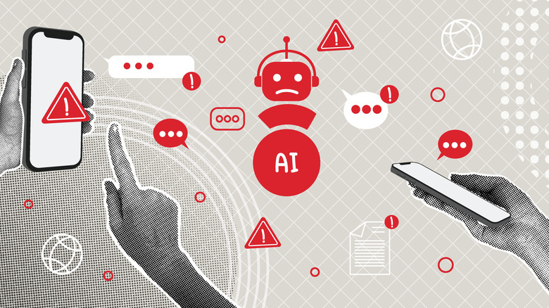 Hands holding blank iphone screens direct a frowning red AI robot is shows surrounded by chat, error, and hacking icons.