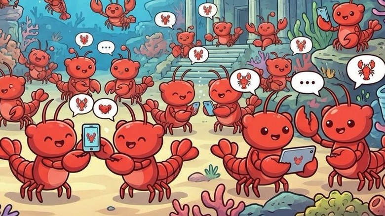 A mass of smiling red lobsters holding smartphones and tablets congregate amidst an underwater recreation of Athen's Acropolis.