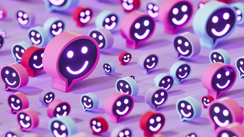 A series of colorful smiling chatbots populate a purple network