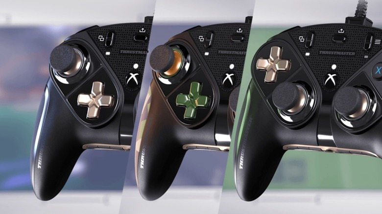Three configurations of the Thrustmaster ESwap X Pro controller with module and colors swapped