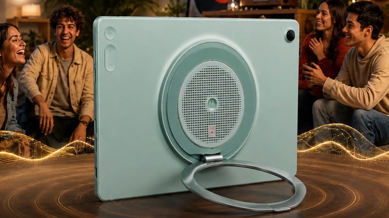 A green Motorola Moto Pad 70 Groover is captured by a camera from the back as it faces four individuals who are sitting around it and smiling