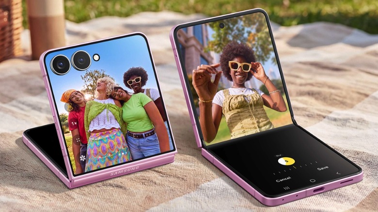Two Galaxy Z Flip 8 foldable phoens side by side, with the camera app in use.