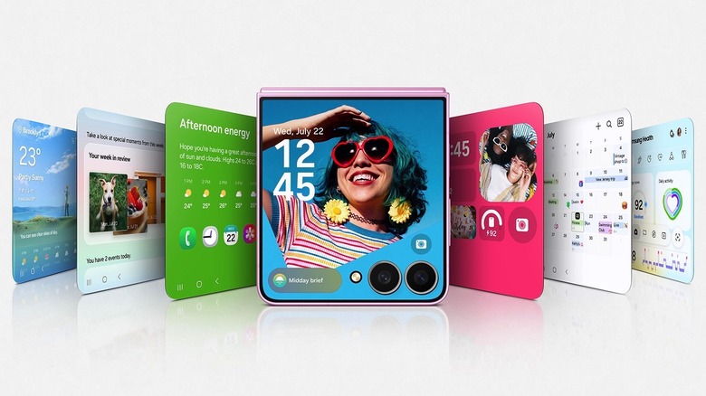 Examples of widgets and apps available on the Galaxy Z Flip 8's cover screen.