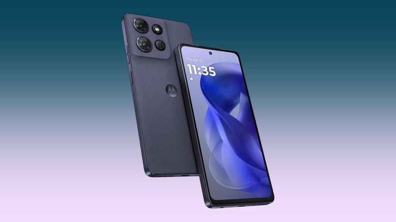 The Motorola Moto G Power (2025) against a gradient background
