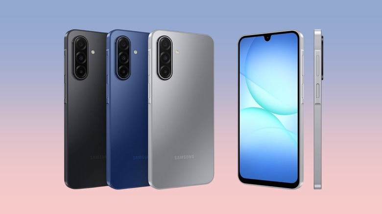 Different Samsung Galaxy A17 color options against a gradient background