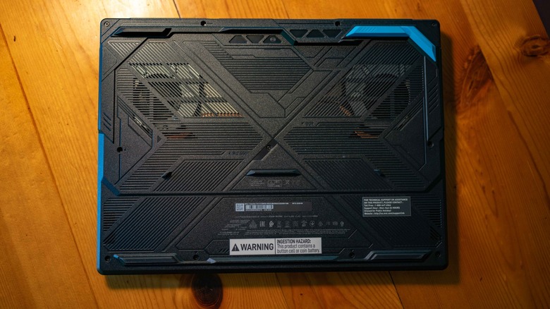 The underside of the MSI Crosshair A16 HX laptop.