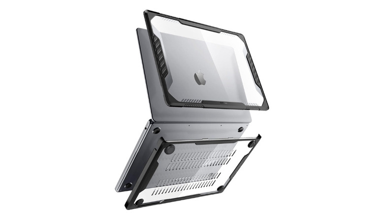 A MacBook with a hard shell case on it