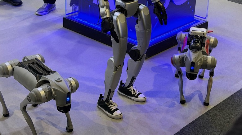 Quadruped robots and half of a humanoid robot in Converse