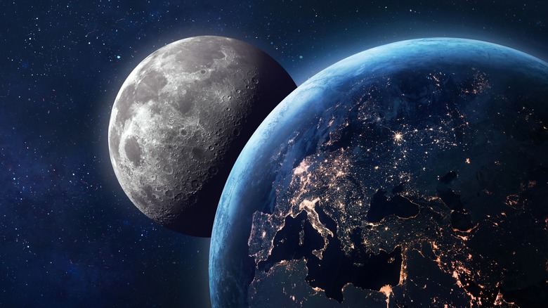 the Earth and the moon in space