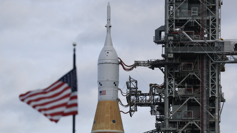 Top of the Orion space shuttle docked and ready to launch.
