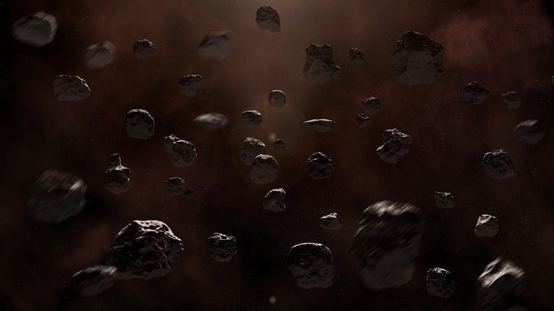 An asteroid field floating in space.