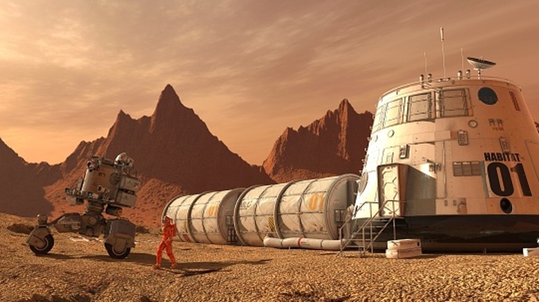 A concept illustration of a permanent base on Mars.