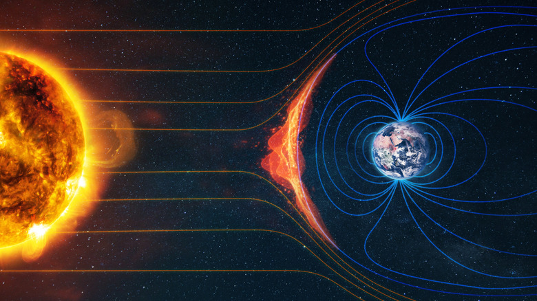 concept image of the way the sun's weather and particles impact Earth