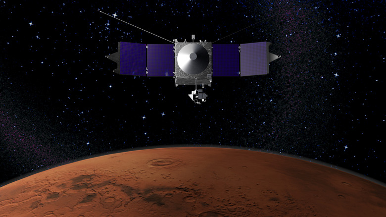 Rendering of NASA's MAVEN spacecraft orbiting Mars