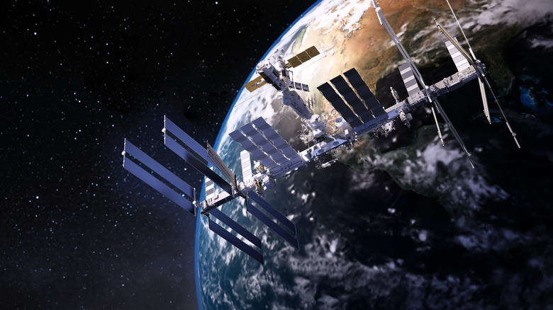 A space station in orbit above a planet