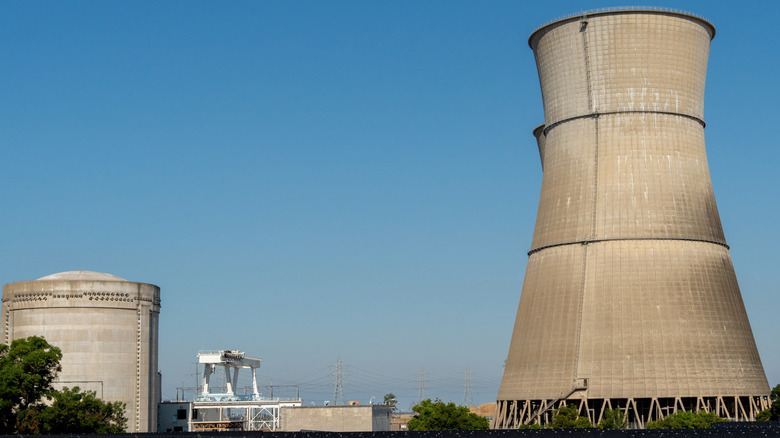 A view of a cooling tower above a nuclear reactor at a power plant