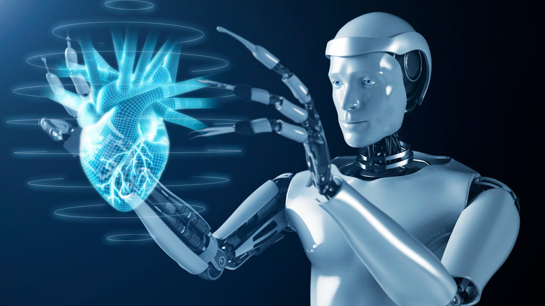 concept image of an AI doctor looking at a human heart image