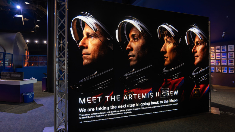 Public photo of the Artemis II astronaut crew on show in Houston space center.