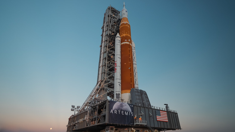 The Space Launch System rocket and Orion Spacecraft roll out on the CT-2 during the Artemis I mission.