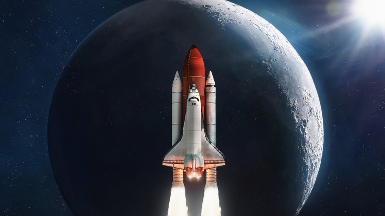 Artemis rocket and space shuttle in front of the moon concept.