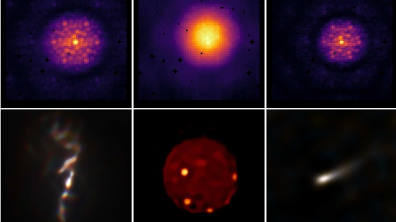 The top row of images showcase blurred images of raw images of galaxy NGC 1068, Jupiter's moon Io, and Wolf-Rayet star 137, while the bottom show deblurred images taken by JWST and enhanced by AMIGO