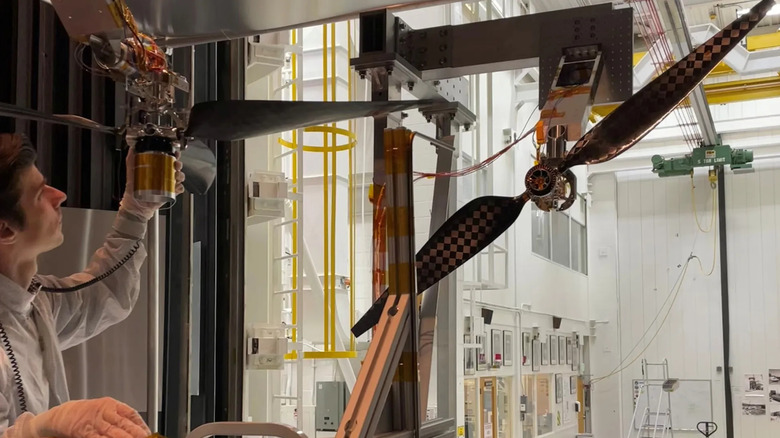NASA's Ingenuity class helicopter blades on a test stand at Caltech